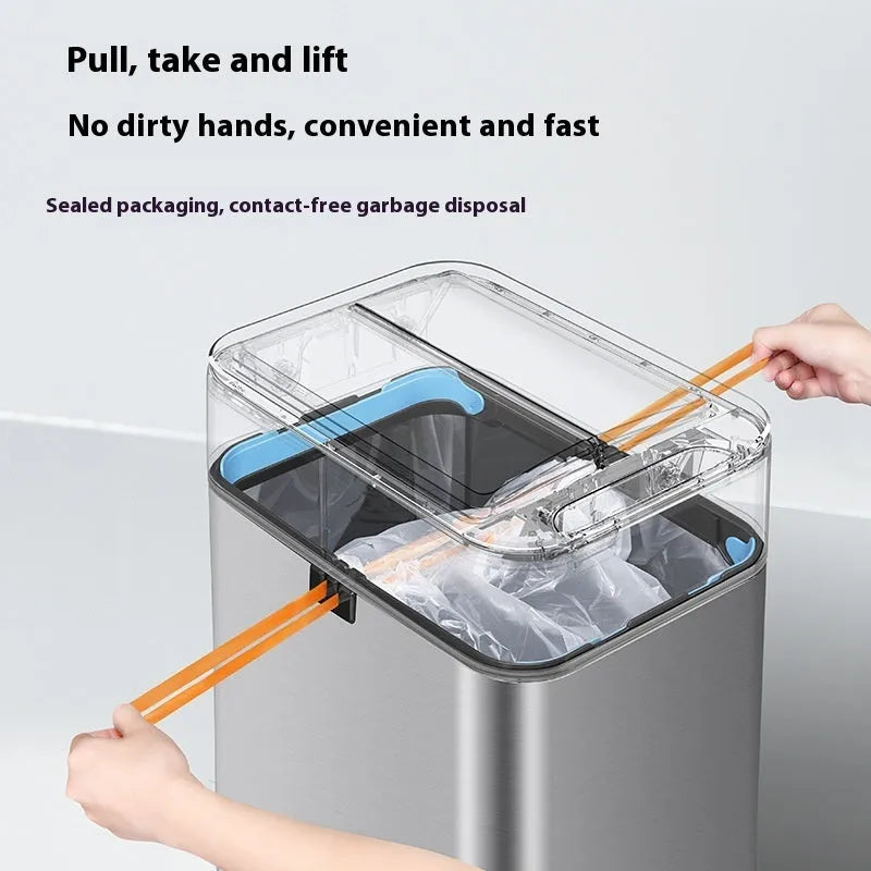 Inductive smart trash can in stainless steel with square bucket shape and deodorant function