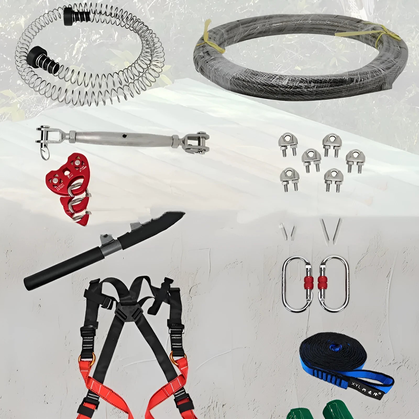 Ziptreck 10 metre pulley slide rope set with handle, safety retractor, and multiple alloy steel components