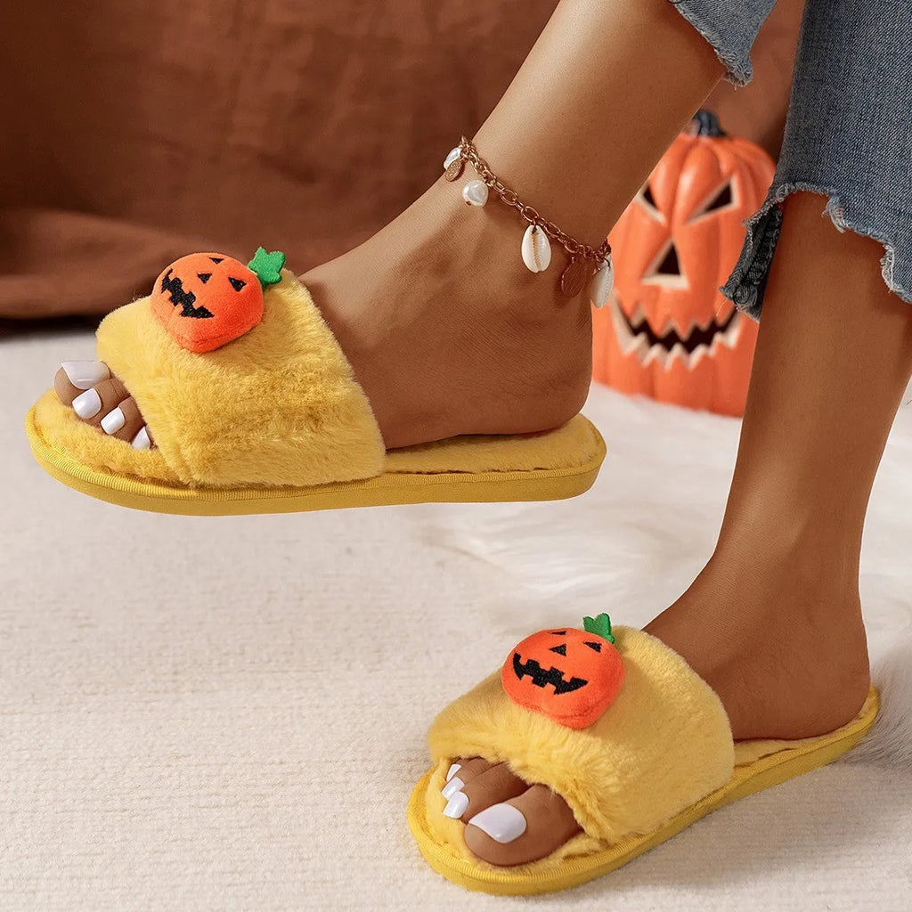 Yellow and white cartoon pumpkin plush slippers with synthetic fur and PVC anti-slip sole.