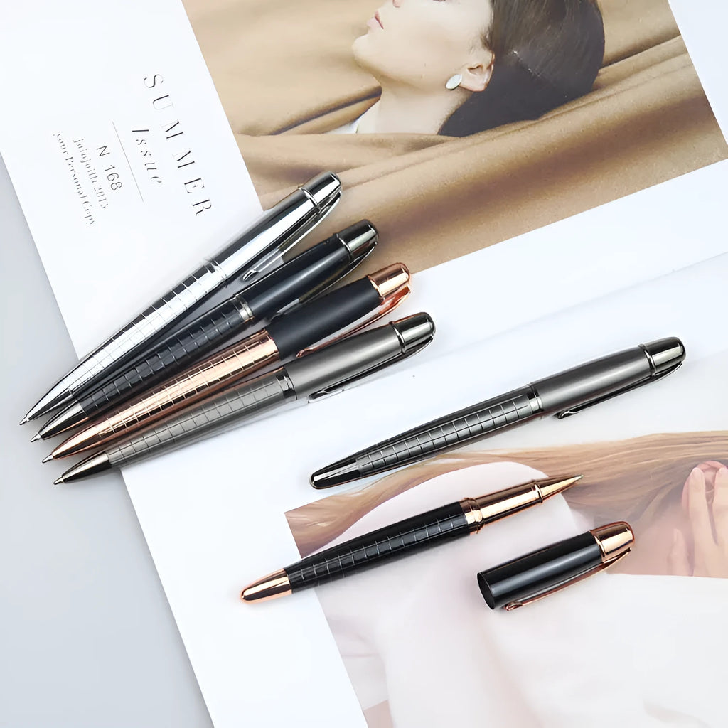 Gun grey metal roller pen with choice of black or blue ink for office use.