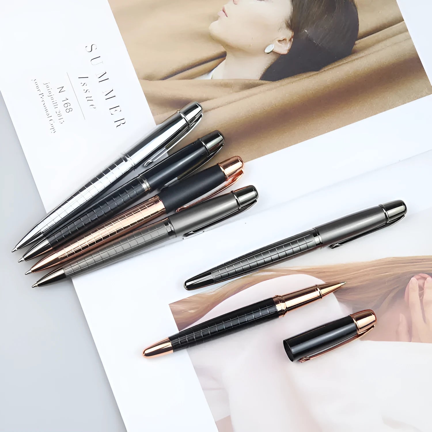Gun grey metal roller pen with choice of black or blue ink for office use.
