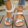White women's high heel sandals with a Velcro strap buckle on a rubber sole.