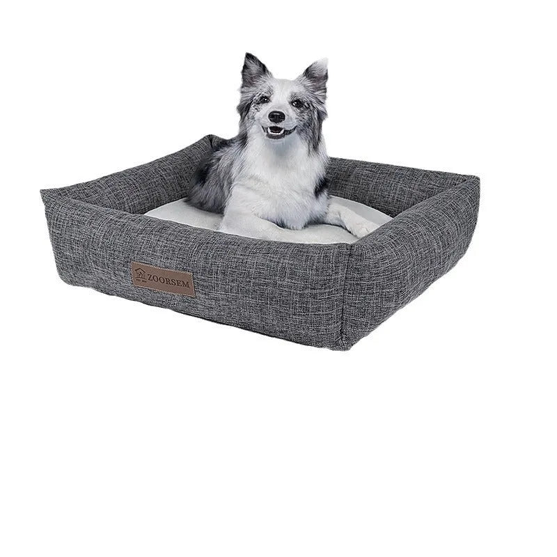 Grey and brown plaid linen square dog bed in four sizes from 50x40cm to 80x60cm
