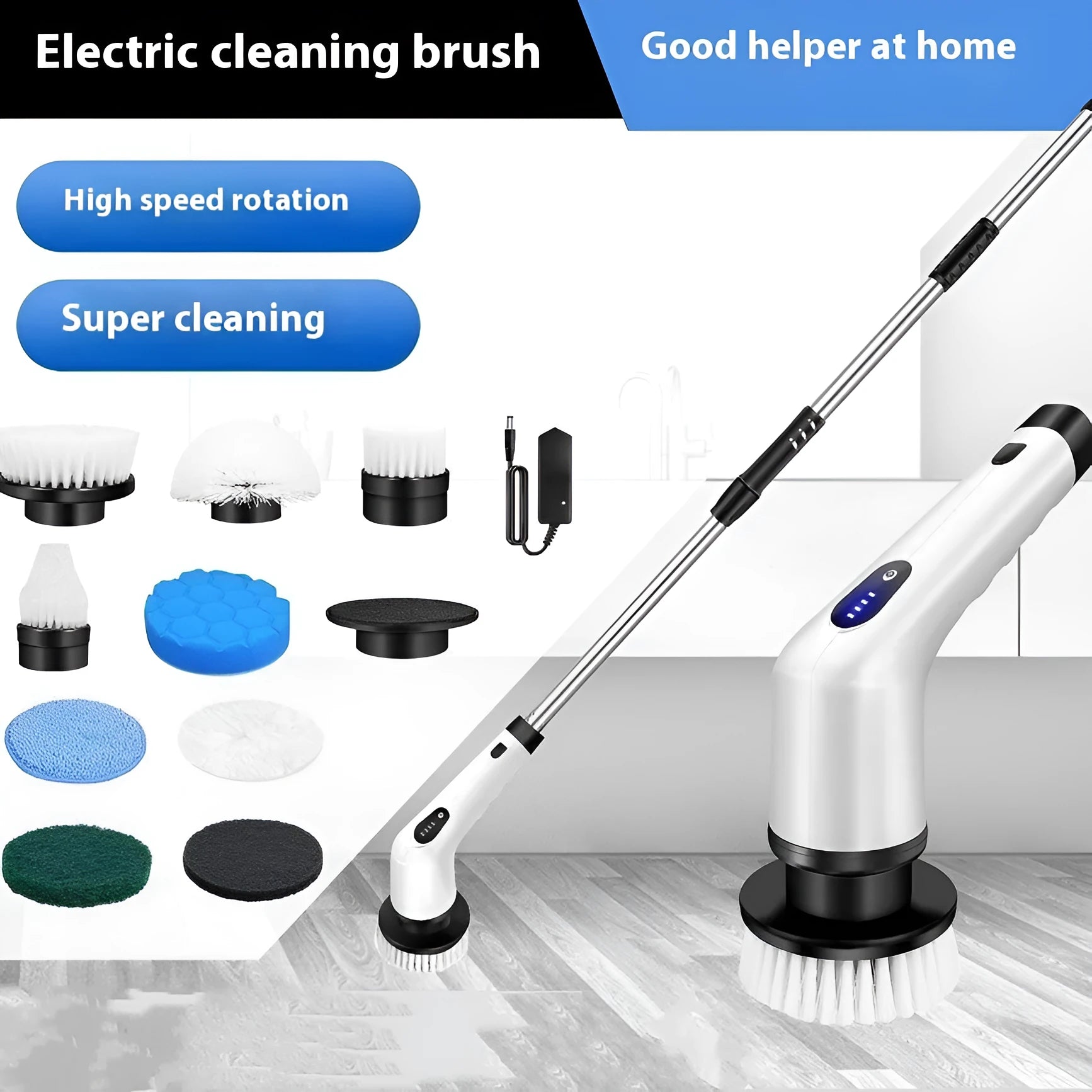 White lithium rechargeable handheld cleaning ball with rotating brush on a hard floor.