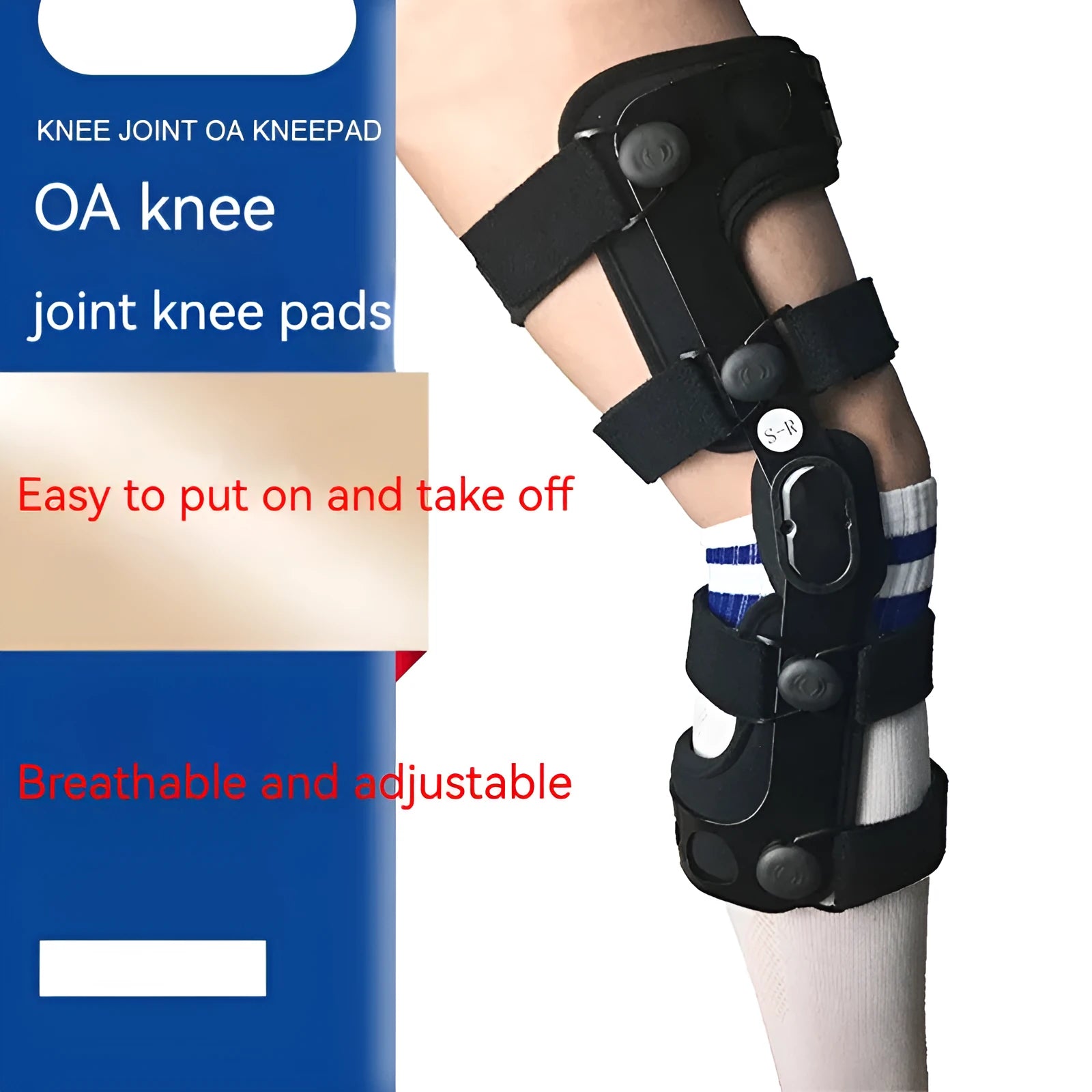Black anterior knee support brace showing left and right specific versions for sizes S, M, L, and XL.