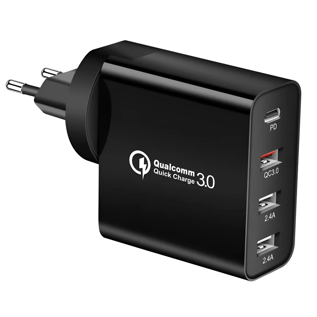 White multi-port fast charger with Power Delivery and Quick Charge support showing USB-C and USB-A ports
