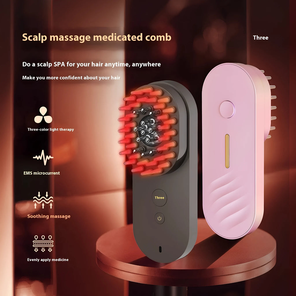 Pink and black smart massage comb with red light therapy for hair care, measuring under 10cm