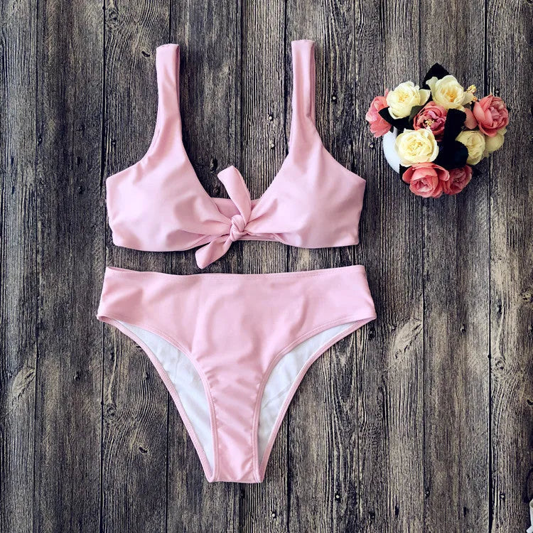 Women's solid colour bikini set in polyester, shown in one of five available colours.
