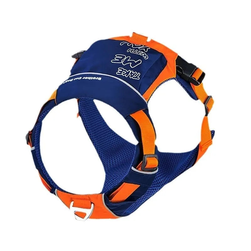 Orange and blue nylon dog vest harness on a dog's chest and back