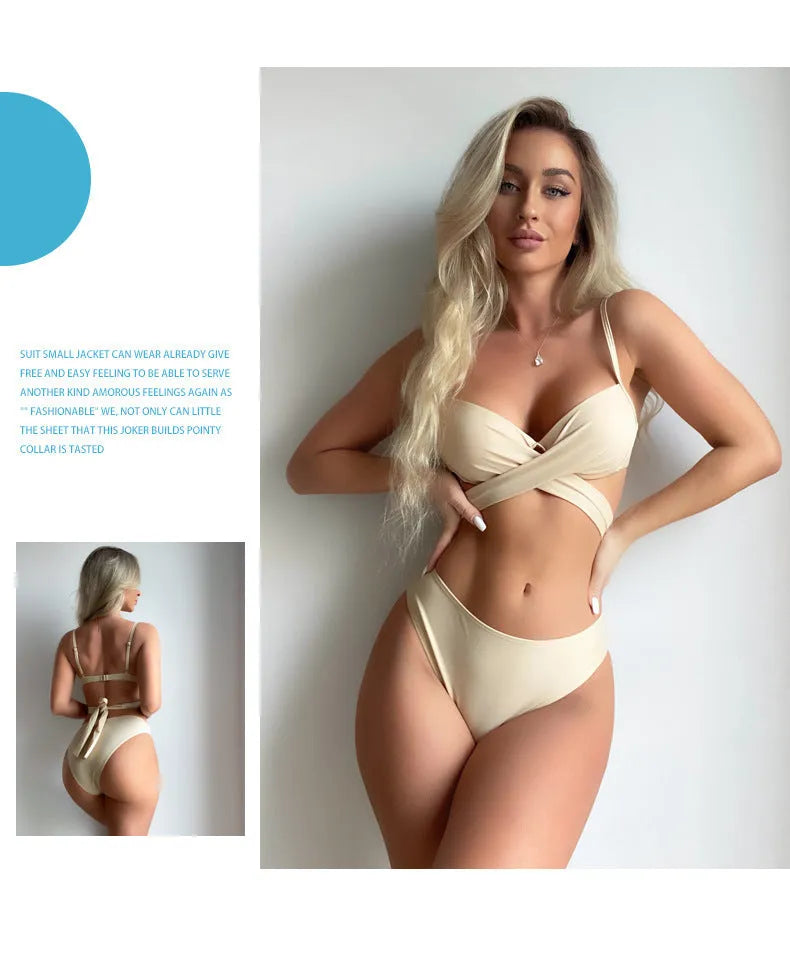 Three-piece backless push-up bikini set in creamy white colour with separate top, panties, and skirt components
