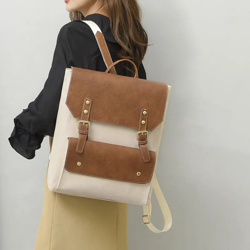 Korean style retro backpack in soft PU material showing ventilation features and available colour options