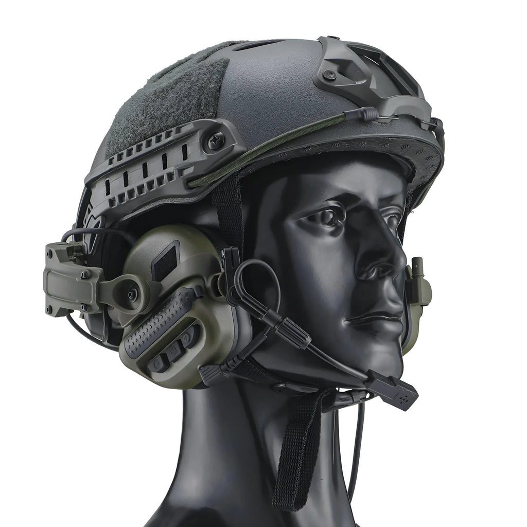 Tactical helmet style noise cancelling headphones with ABS Nylon construction and U-174 plug in black colour
