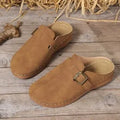 Women's casual wedge slippers with closed toe, cloth upper in multiple colours, and rubber sole.