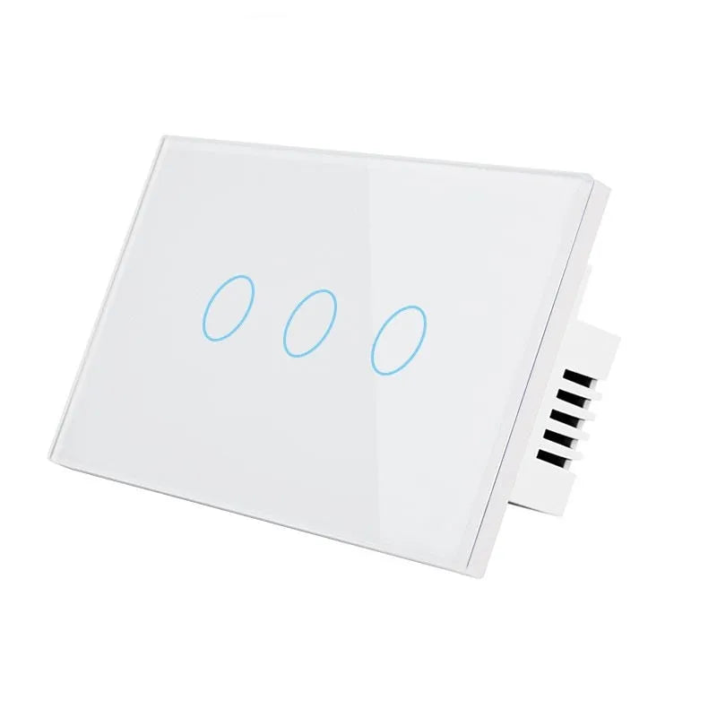 2-gang RF touch light switch with tempered glass panel in white colour showing touch controls