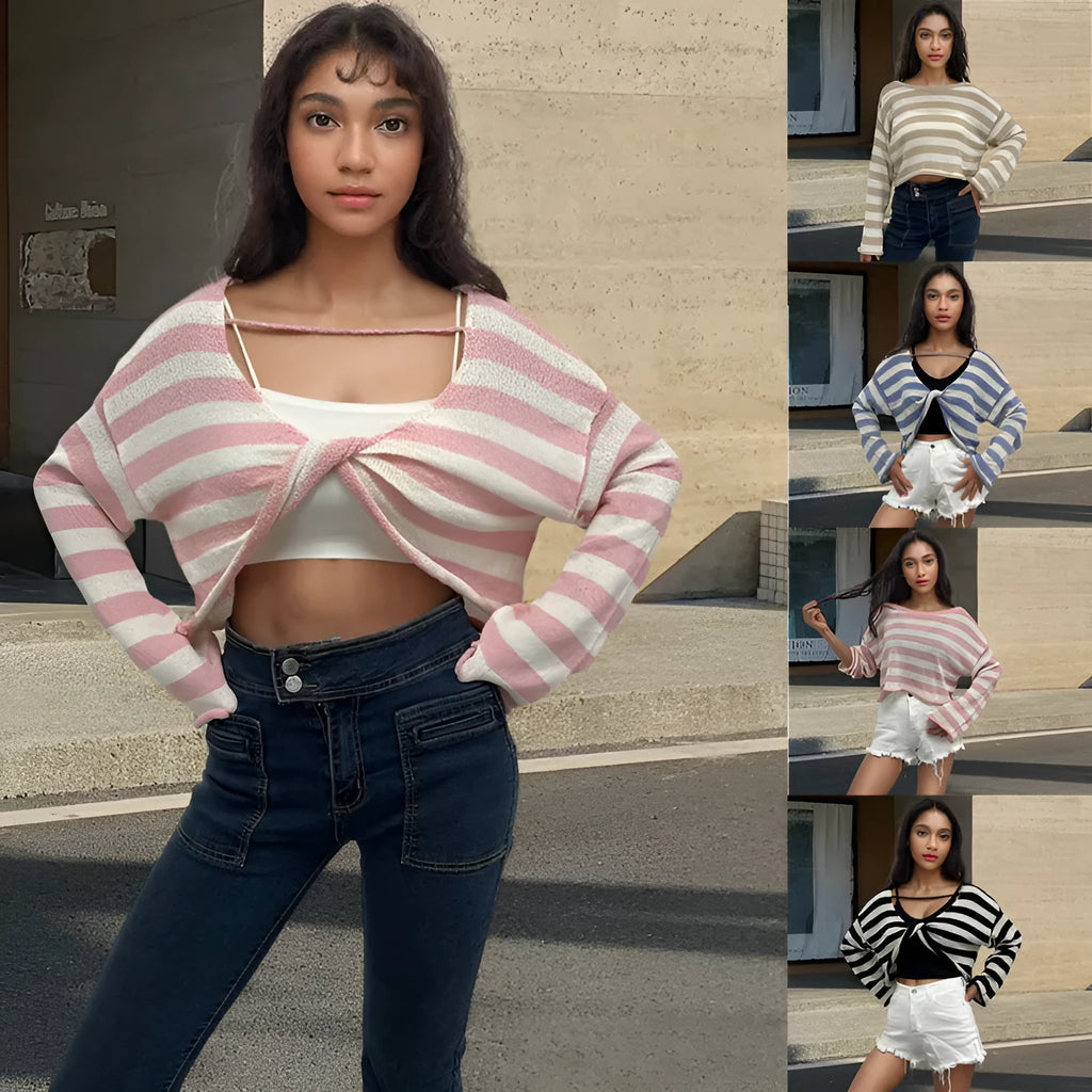 Striped long-sleeved pullover sweater in mercerised cotton, shown in multiple colours with front-and-back wearable design