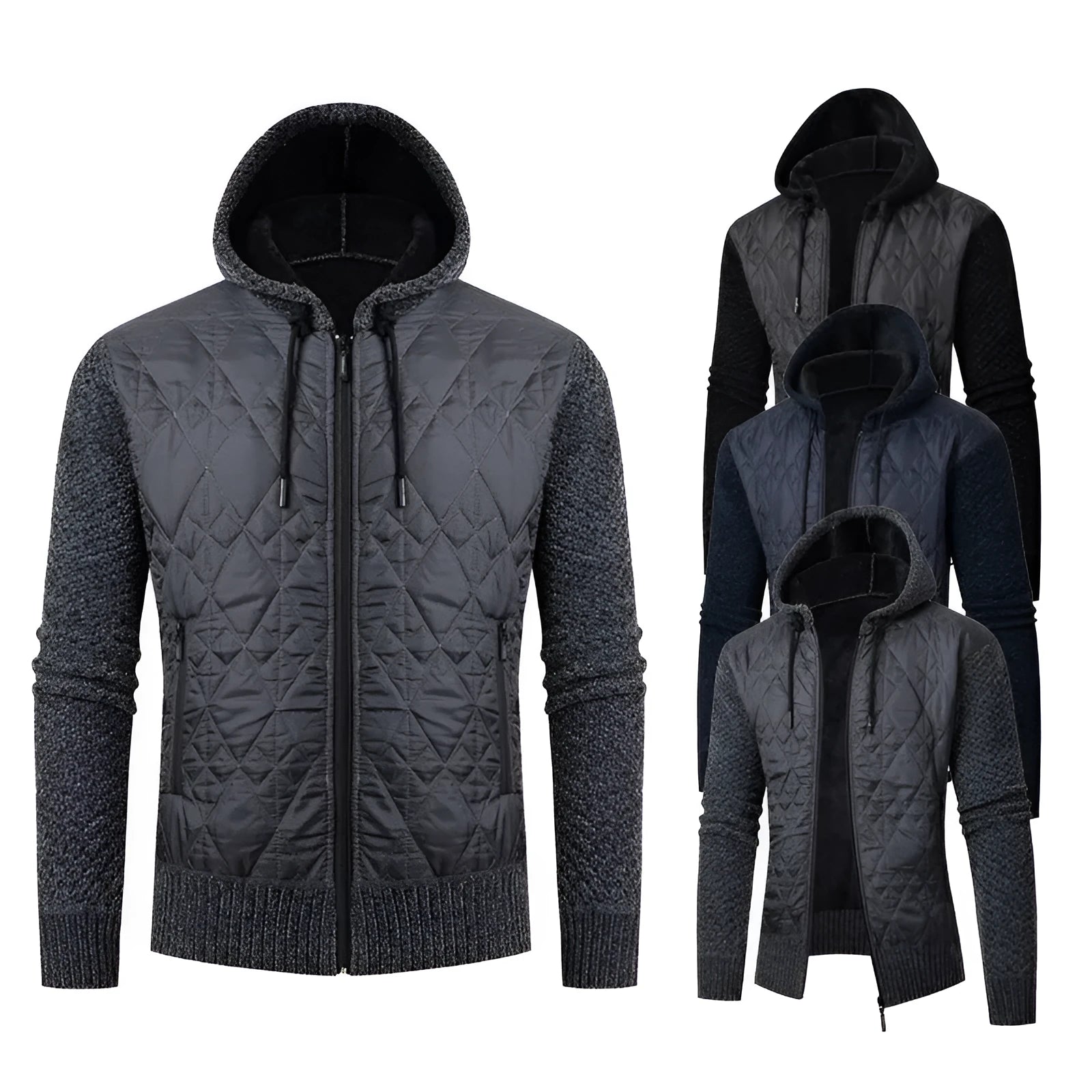 Men's grey hooded sweater coat with cinched waist and corduroy fabric texture