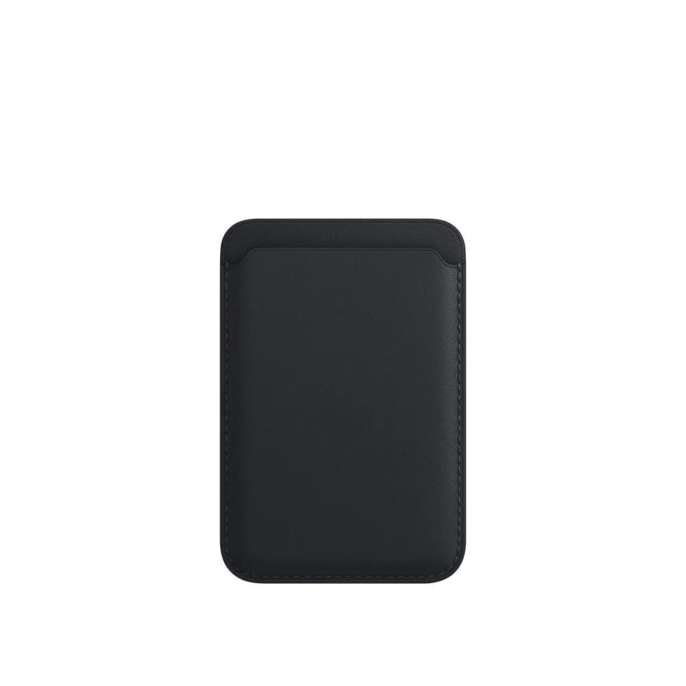 MagSafe-compatible iPhone case in PU leather with an integrated magnetic card holder, shown in dark blue.