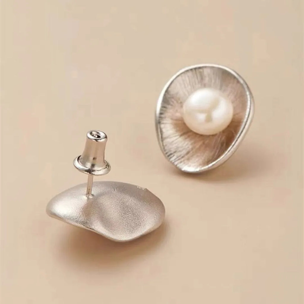 Pearl sterling silver geometric ear studs with needle posts for women