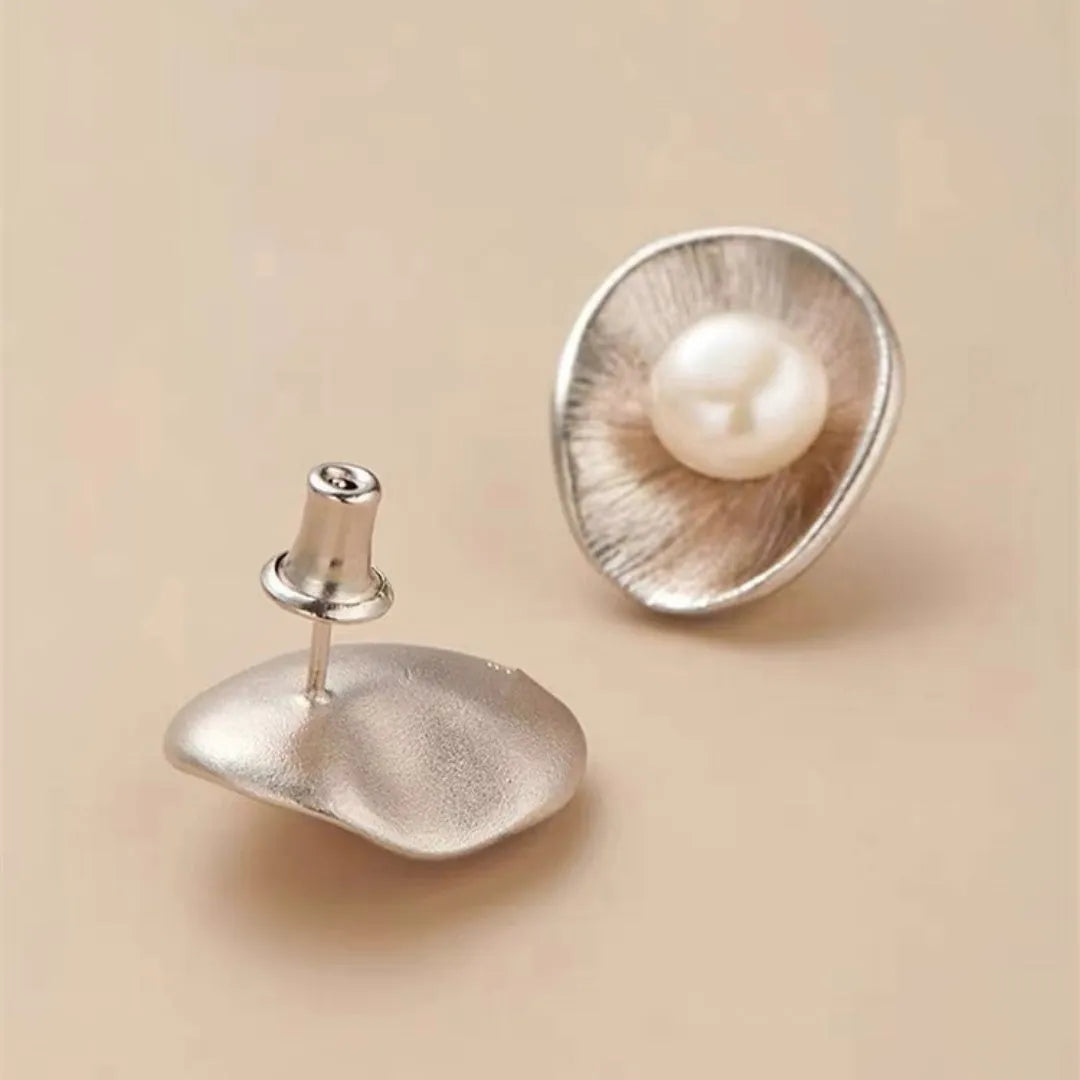 Pearl sterling silver geometric ear studs with needle posts for women