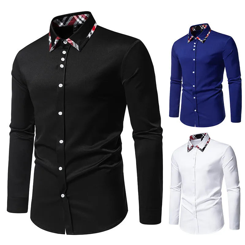Men's plaid contrast colour triangle collar long sleeve shirt in blue, black, and white options