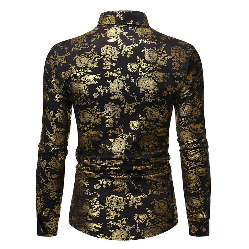Men's metal bronzing printed lapel shirt in polyester with long sleeves and regular fit cardigan styling