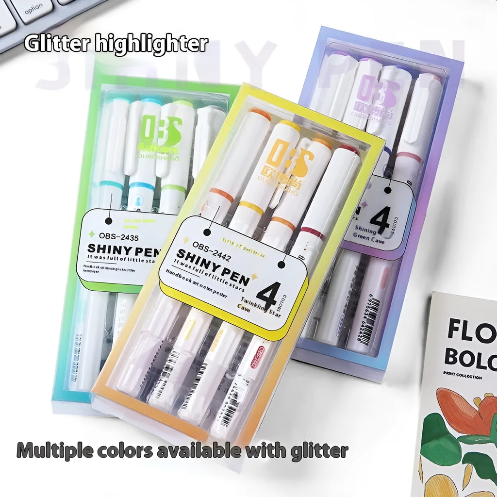 Set of four glitter highlighter pens with decorative Star River design on blue plastic shells, showing slanted tips.