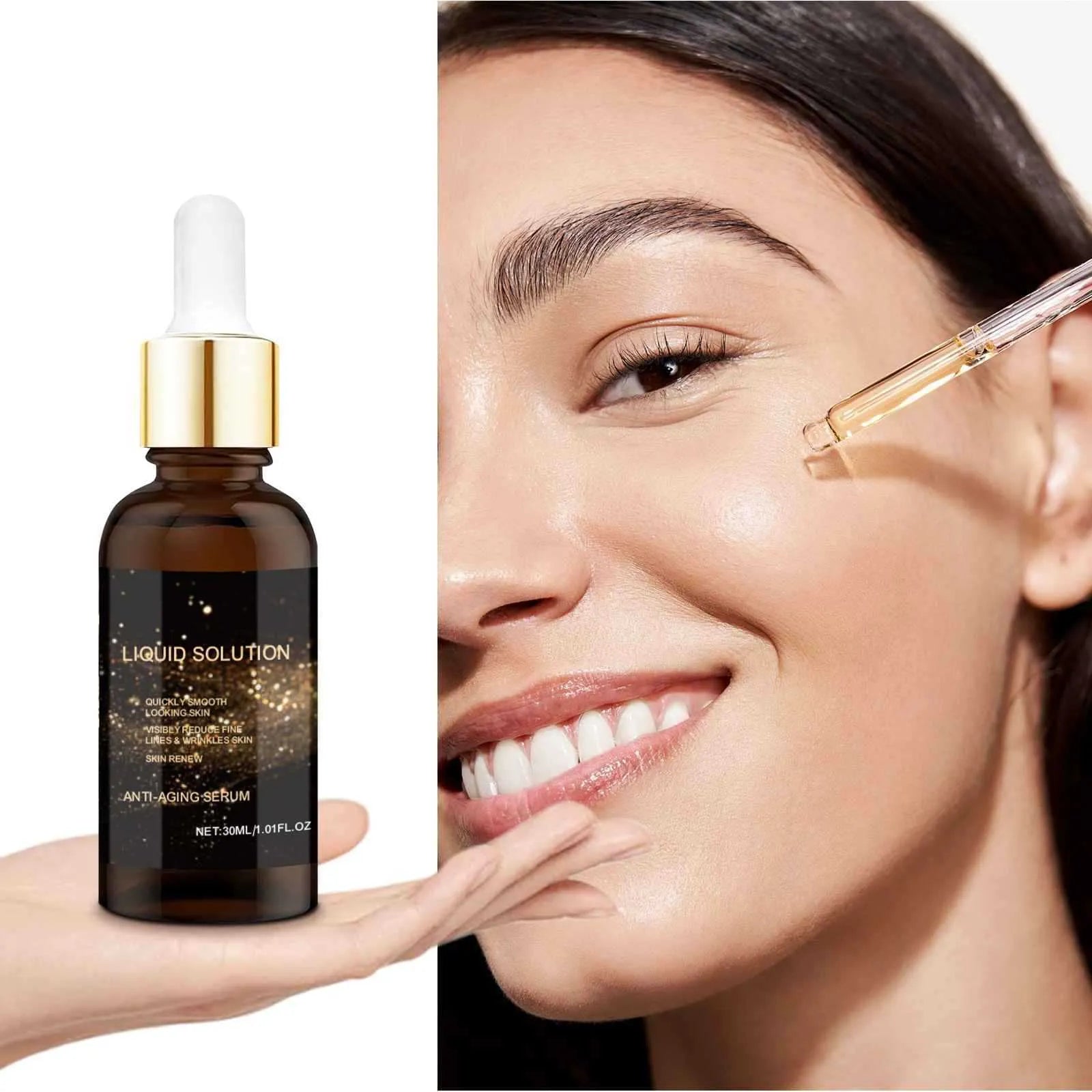 30ml facial moisturising liquid bottle with hyaluronic acid, approximately 9cm tall