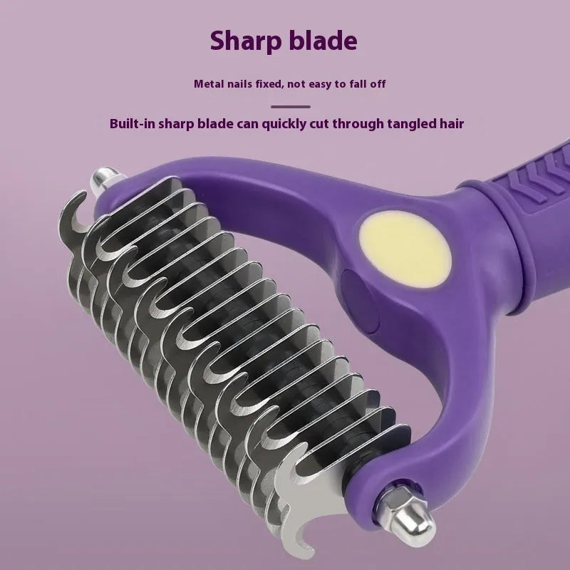 Purple double-sided plastic pet comb for detangling knots on dogs and cats