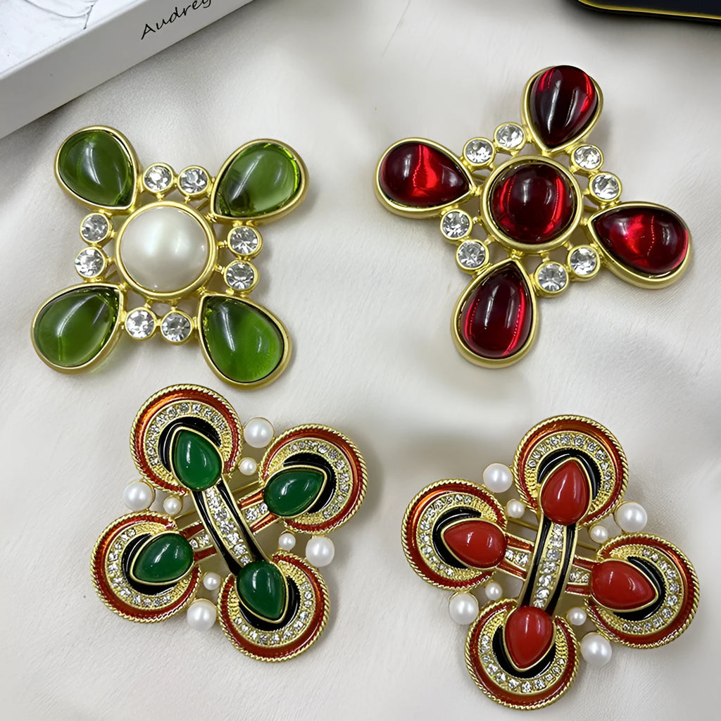 Baroque cross crystal brooch in zinc alloy with medieval design on dark background