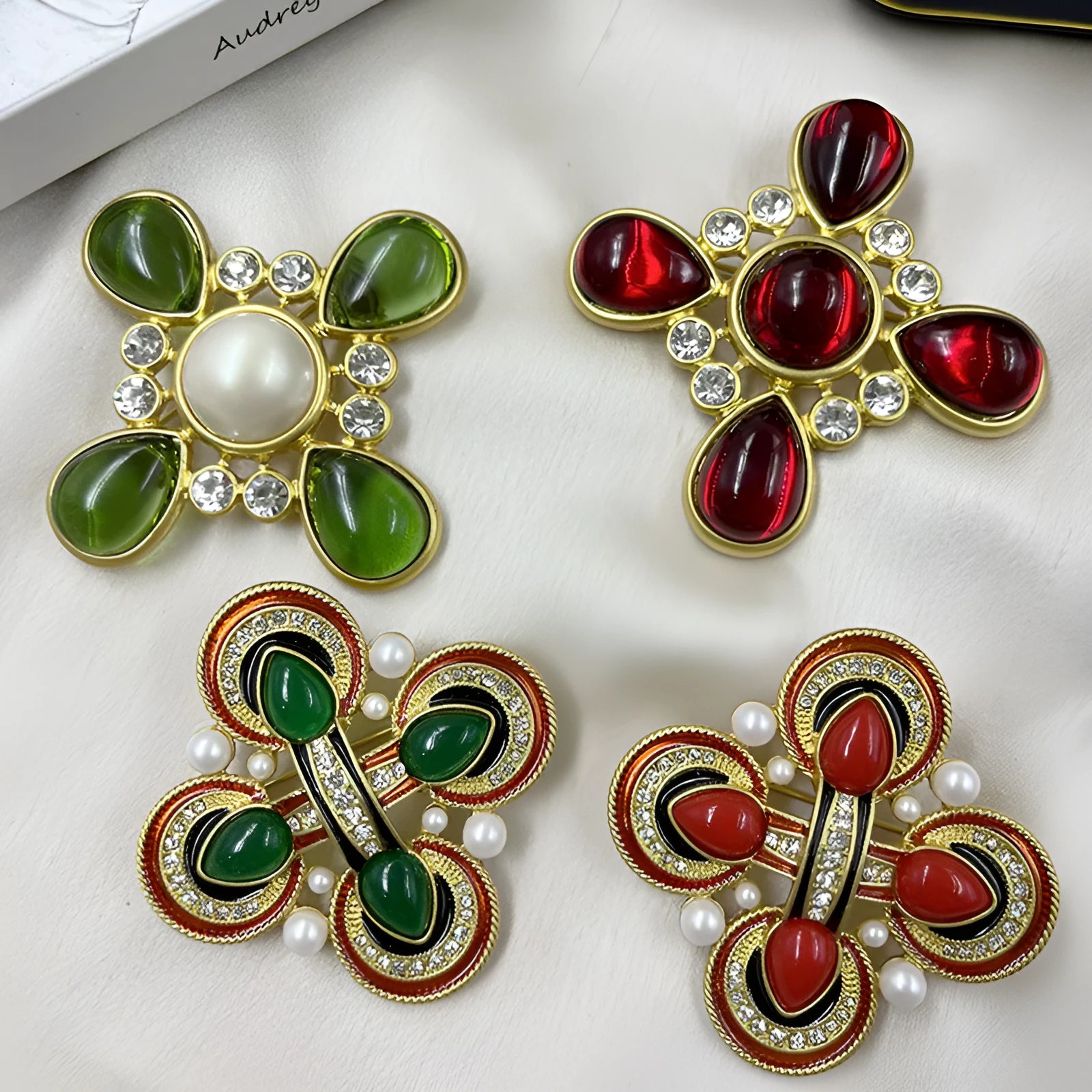 Baroque cross crystal brooch in zinc alloy with medieval design on dark background