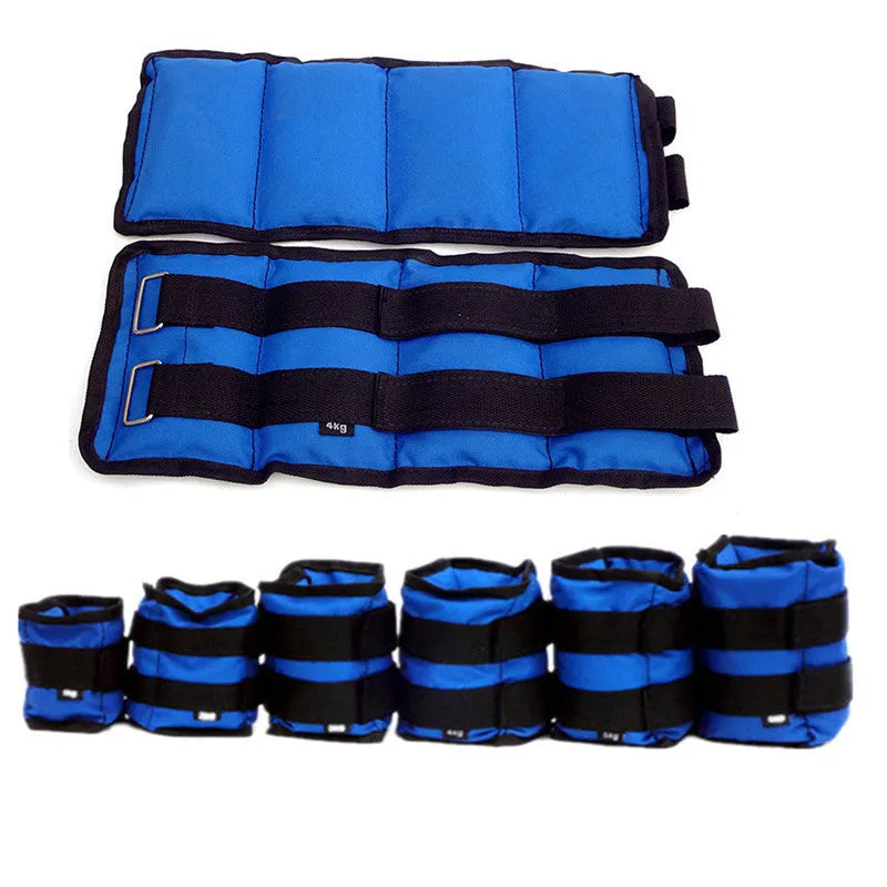 A pair of Oxford cloth legging sandbags for ankle weight training in track and field.