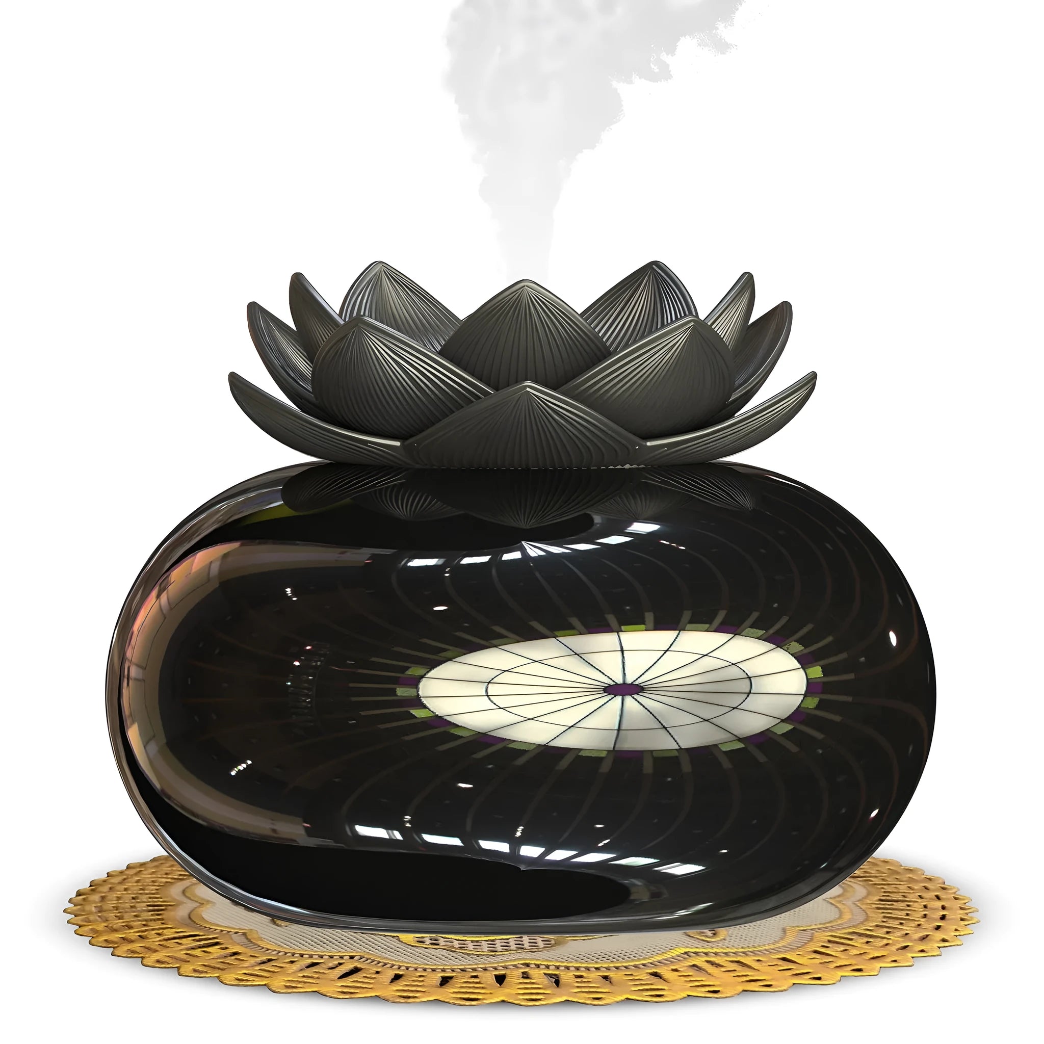 Pure black lotus aromatherapy humidifier with USB cable on desk surface