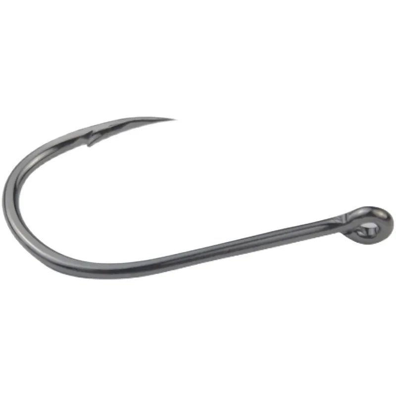 Barbed fishing hooks with hole ring in a bulk pack on a blue background.