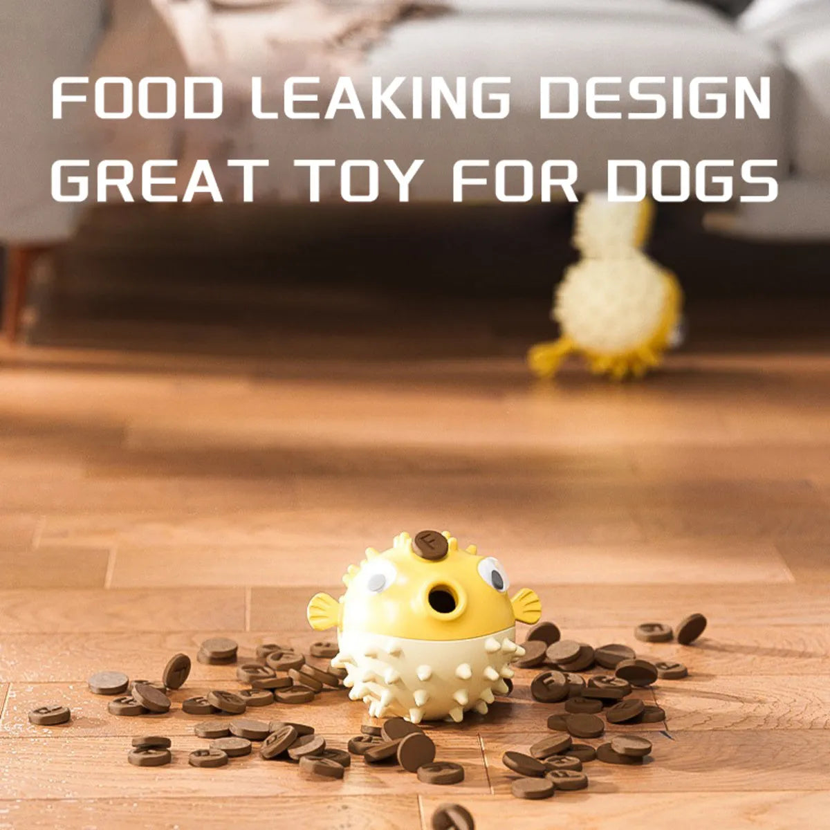 Yellow fish-shaped dog chew toy with textured surface for aggressive chewers