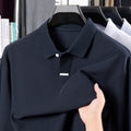 Men's grey cotton polo shirt with lapel collar and asymmetric design, loose fit long sleeves