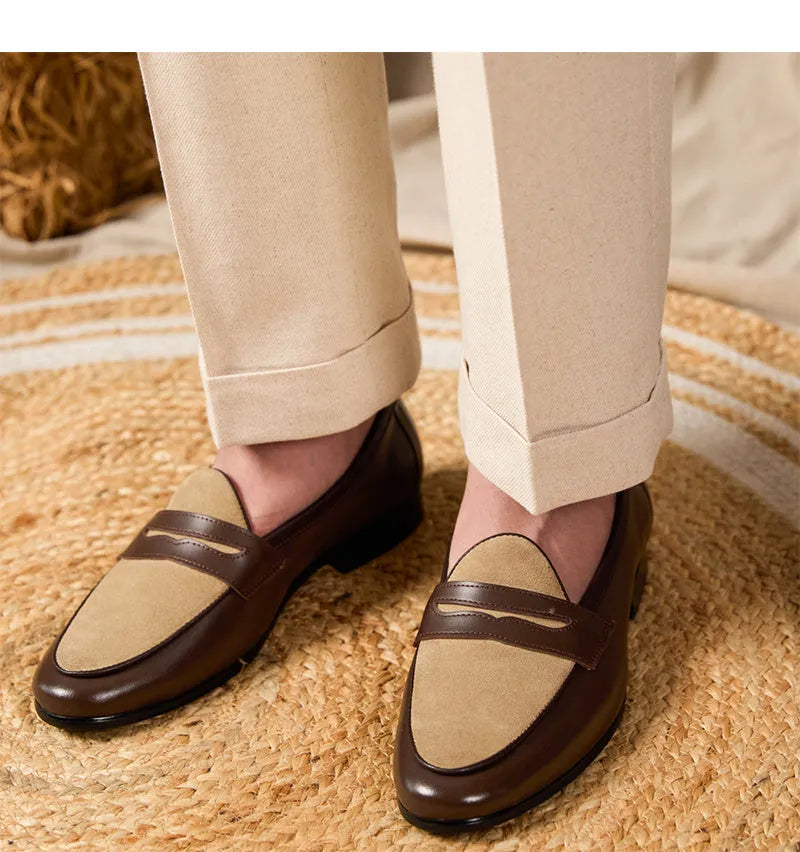 Coffee grey suede leather loafers with slip-on design and rubber sole