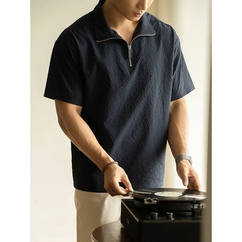 Men's casual short sleeve shirt in ice silk polyester fabric showing loose fit and summer styling