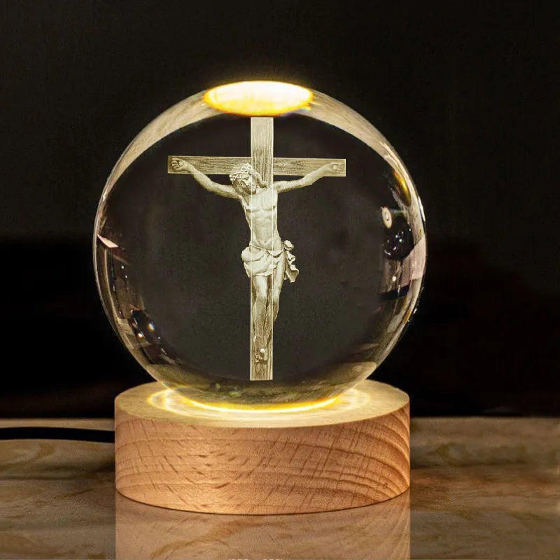White crystal ball lamp on solid wood base with religious purity designs inside