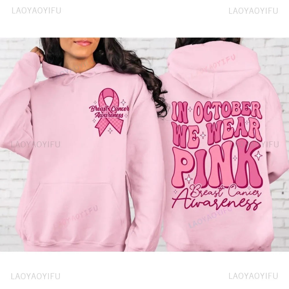 Breast Cancer Awareness hoodie with retro hot stamp design and side seam pocket in selected colour.