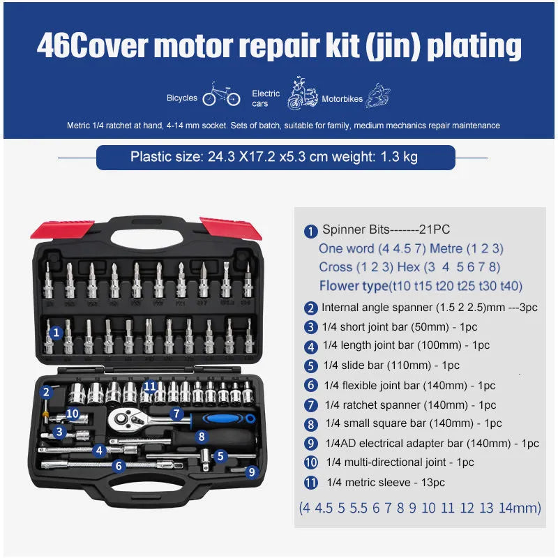 46-piece chromium vanadium steel socket ratchet wrench set with nickel-plated sockets for repair work.