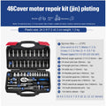 46-piece chromium vanadium steel socket ratchet wrench set with nickel-plated sockets for repair work.