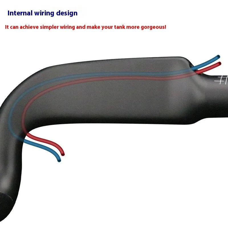 Carbon fibre road bike handle bar in black with double line design, shown from above.