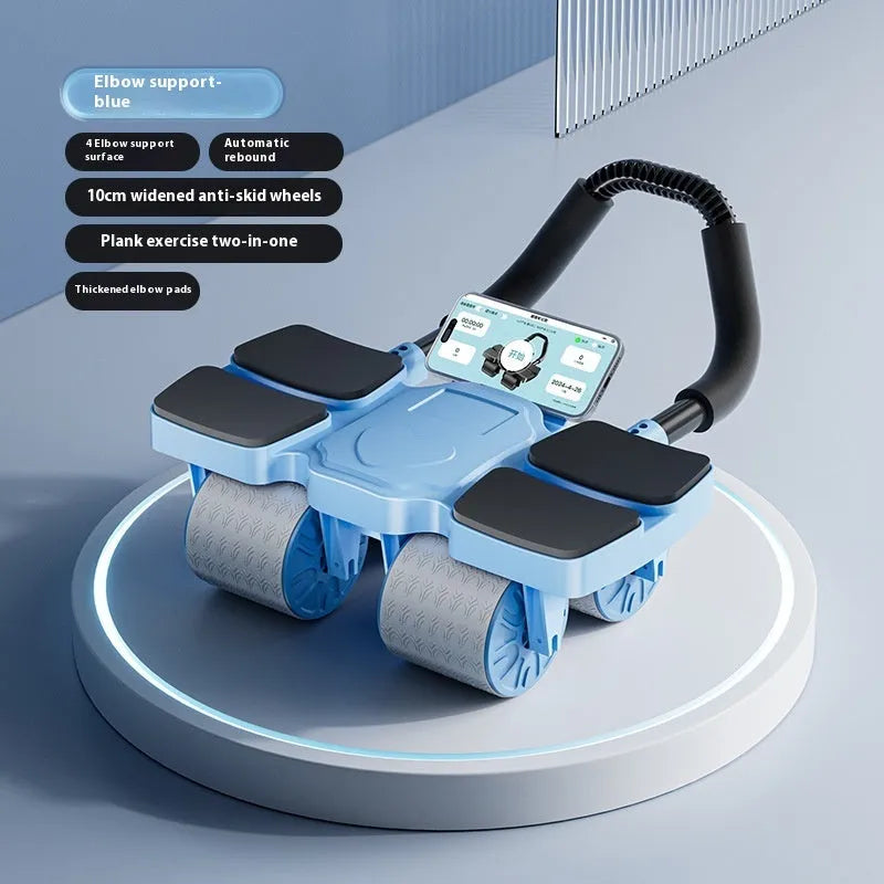 Abdominal exercise wheel with automatic rebound feature and four wheels, shown in blue on a floor.
