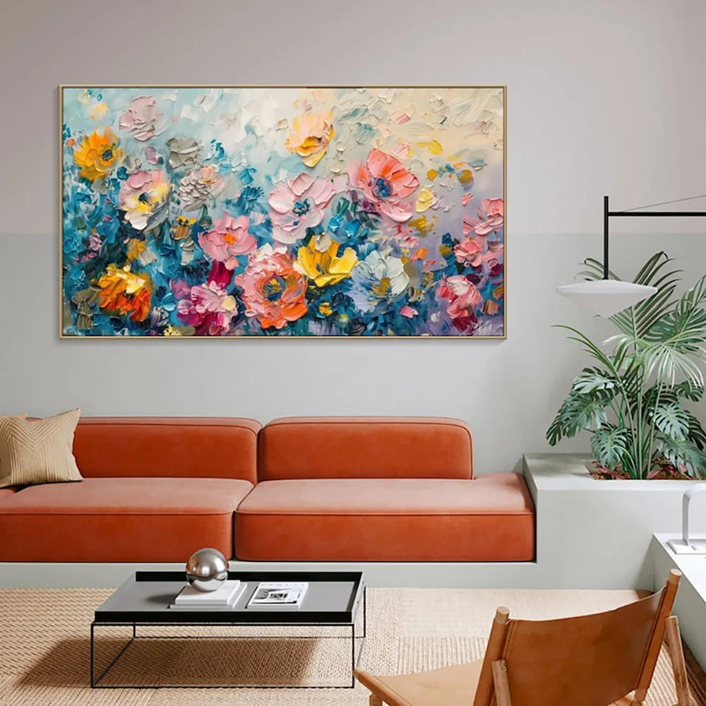 Handmade handpainted oil painting on canvas with rose flower subject horizontal modern style