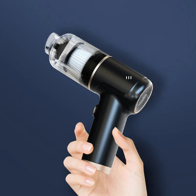 Black wireless handheld car vacuum cleaner with multiple nozzle attachments on display
