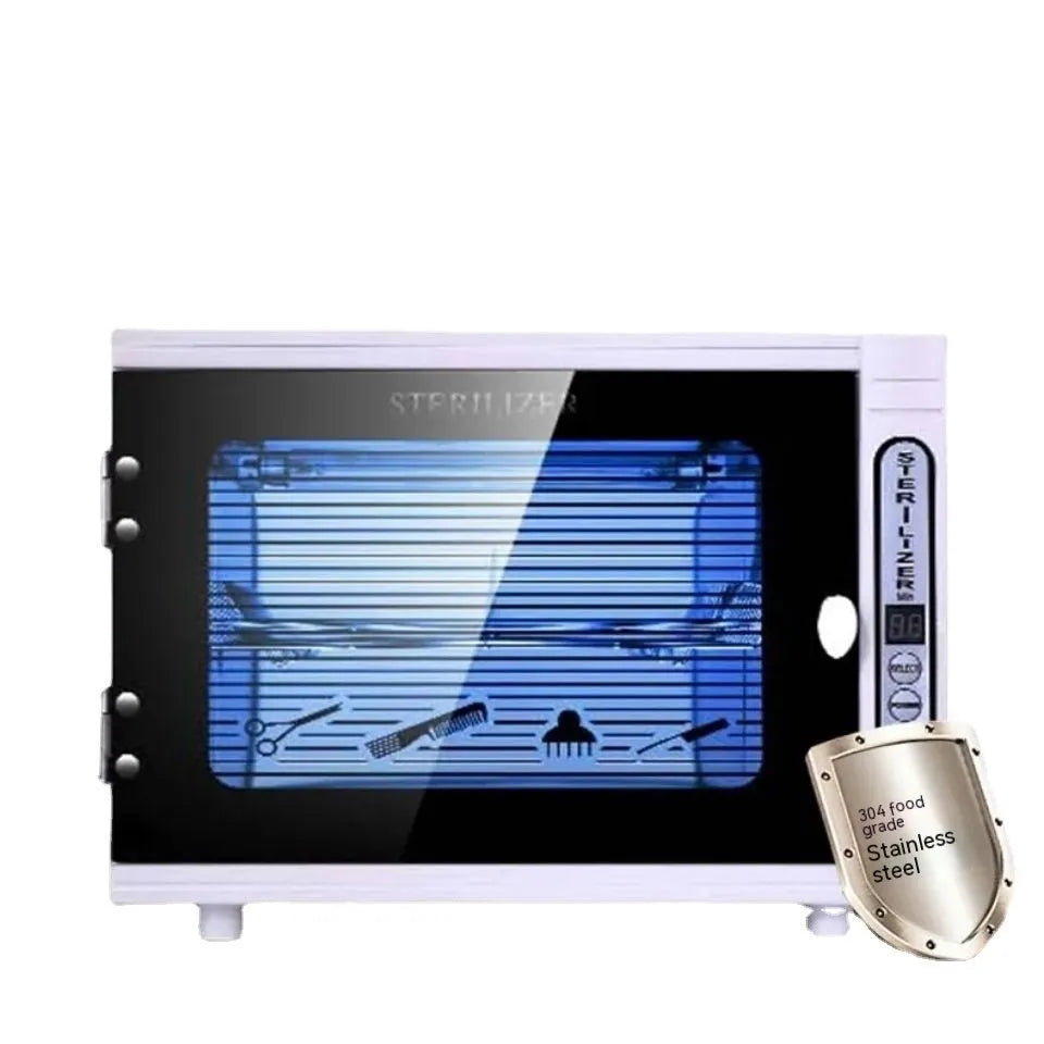 Small silver UV sterilizer with stainless steel chamber for salon tool sanitation