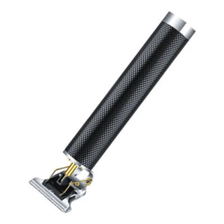 Black electric hair clipper with gold steel blades, four comb attachments, and USB charger