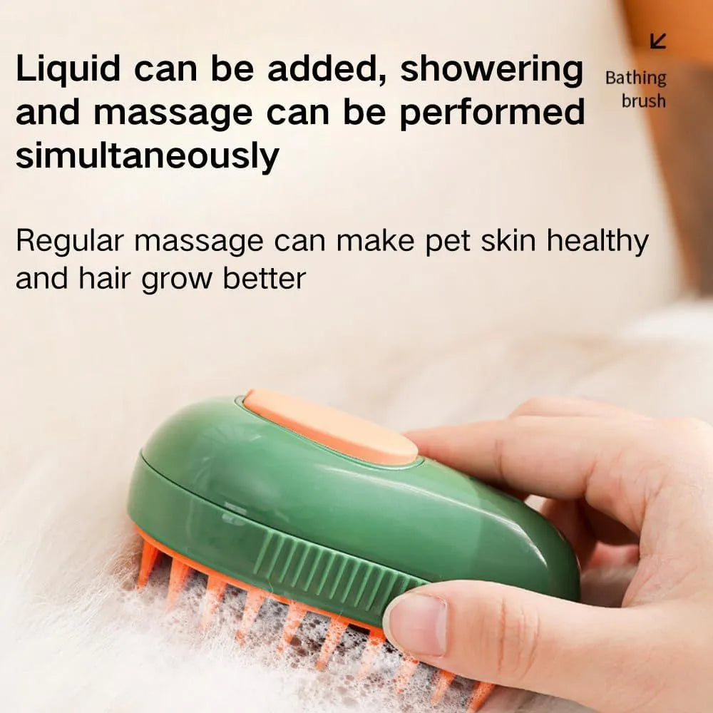 Green and white 3 in 1 cat steam brush with water spray, silicone teeth, showing 11cm size