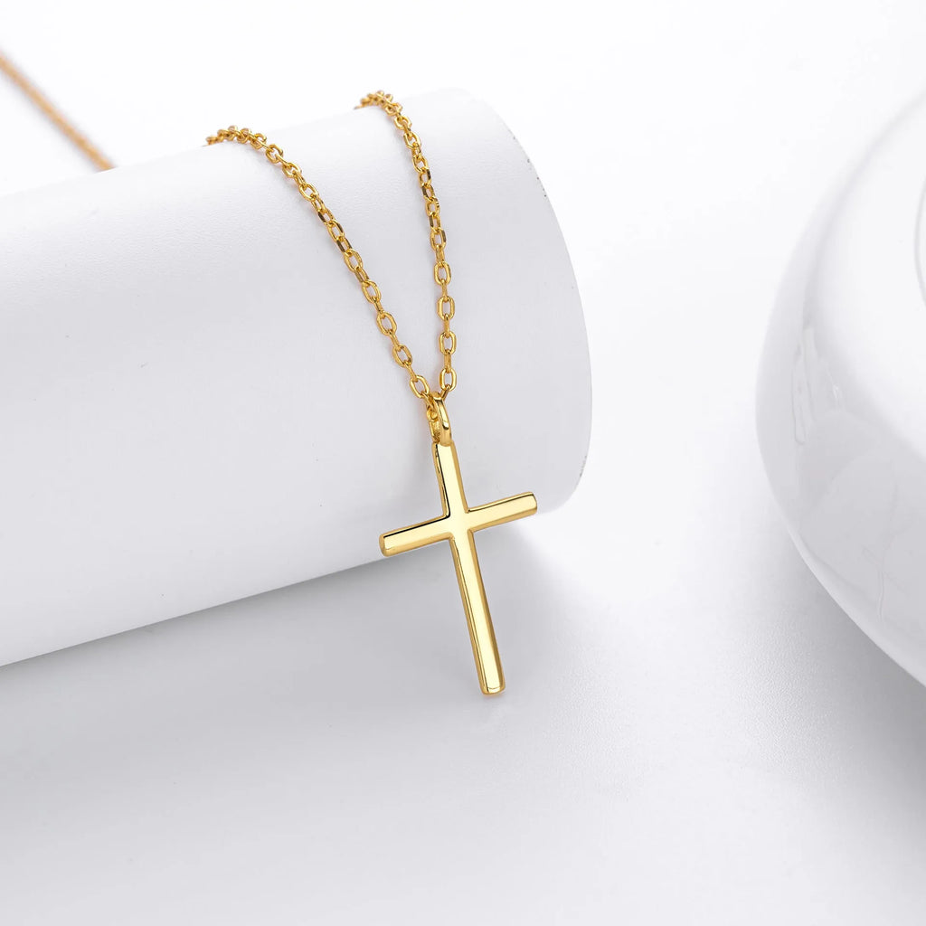 S925 sterling silver necklace with a simple glossy cross pendant on an adjustable O-shaped chain.