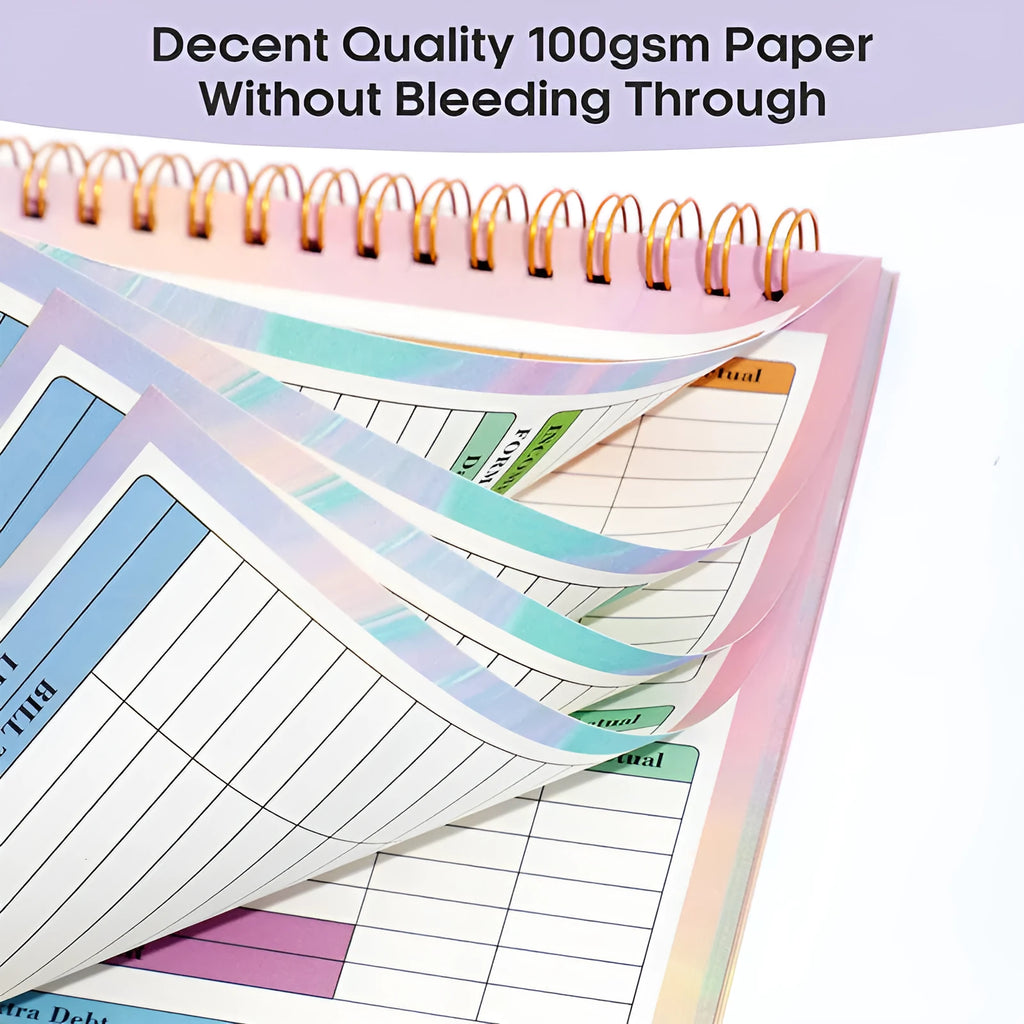 B5 size spiral-bound budget notebook with a PP plastic cover, open to show lined pages.